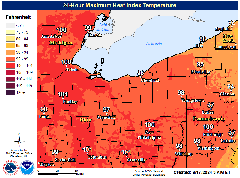 NWSCLE's tweet photo. Here are the forecast Heat Indices for today, which take into account both the temperature and moisture content of the air, giving a value of what it will feel like outside. A Heat Advisory is in effect as a result! Follow this link: https://t.co/xV8vuxoGBN 
for more info! https://t.co/R6XDnyJ2eK