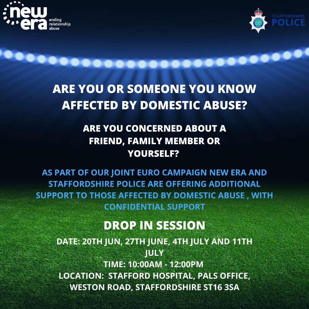 NewEraHelp's tweet photo. We are offering drop-In sessions for anyone affected by domestic abuse seeking confidential support.
Partnered:@staffspolice
If you or someone you know has been affected by domestic abuse
📞victim helpline 0300 303 3778
#domesticabusesupport #euro2024 #goalsforchange https://t.co/8UnaG3G3N3
