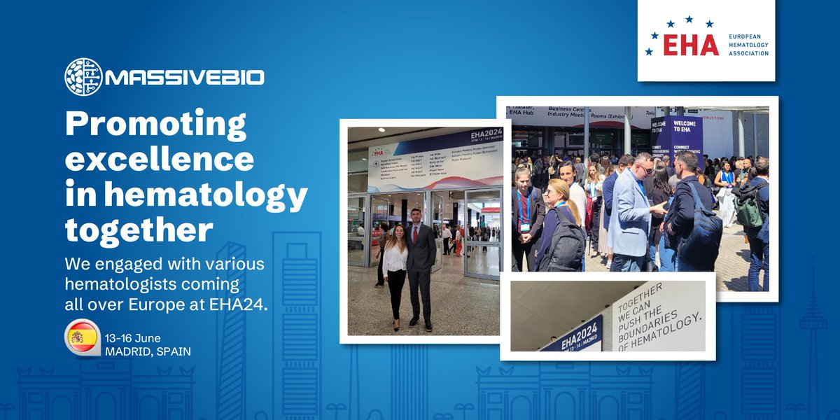 MassiveBio's tweet photo. On June 13th, our Account Manager in Spain, Gisela Saladino, and Sr. Regional Manager, Mert Sarı, attended the European Hematology Association Congress in Madrid. We connected with European hematologists and look forward to new collaborations. #MassiveBio #EHA #Hematology https://t.co/nxtn6TLb2A