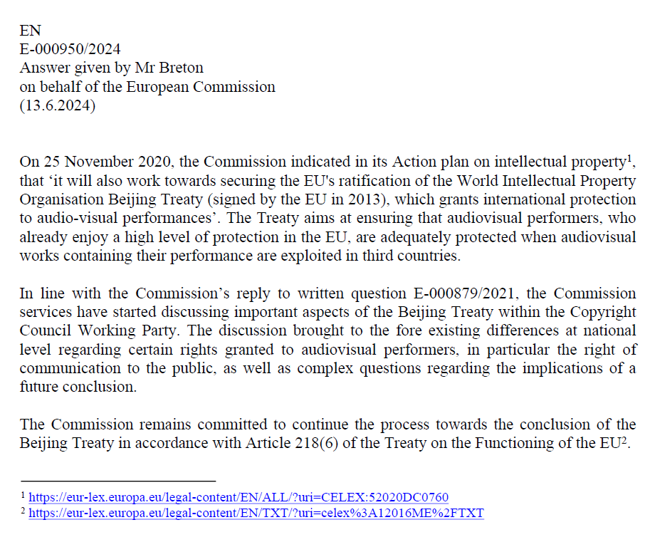 "The <a href="/EU_Commission/">European Commission</a> remains committed to continue the process towards the conclusion of the #BeijingTreaty", writes Commissioner <a href="/ThierryBreton/">Thierry Breton</a> in response to the parliamentary question submitted by our #CCFG.

📄 europarl.europa.eu/doceo/document…

See original tweet for context. 👇