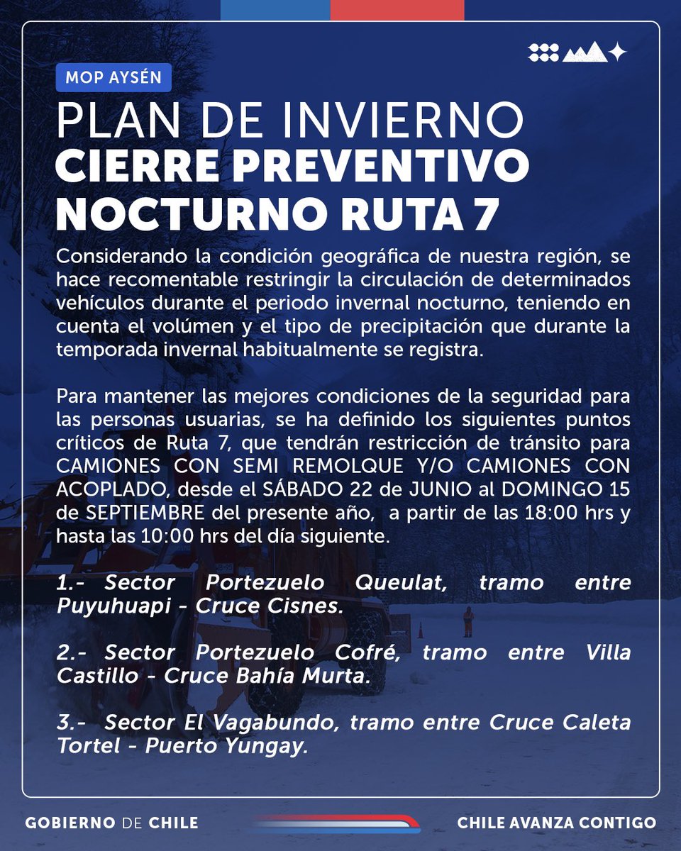 🔵🔴 Plan de Invierno 
❄️ Para mantener las mejores condiciones de la seguridad para las personas, realizaremos el cierre preventivo nocturno de la #Ruta7 en sectores que históricamente son críticos. 

Inicio: Sábado 22 de junio 2024
Término: Domingo 15 de septiembre 2024