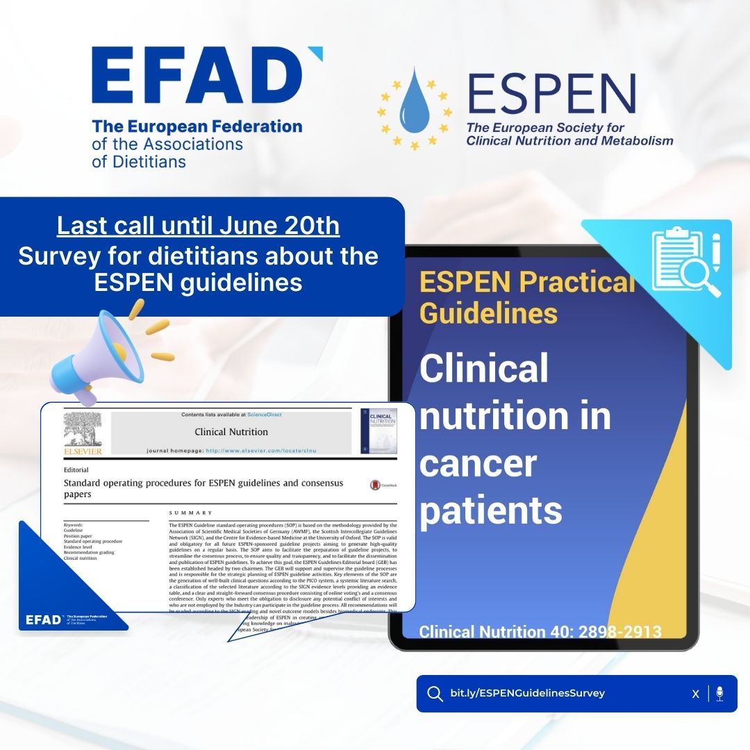 📣 Last call for the #ESPENGuidelines survey! 📝

There are only 4 days left to share your insights! ⌛

Dear fellow dietitians, we need your feedback on how you use the <a href="/ESPENorg/">ESPEN</a> Guidelines in your practice. 

🔗efadsurveys.eu/index.php?r=su…
