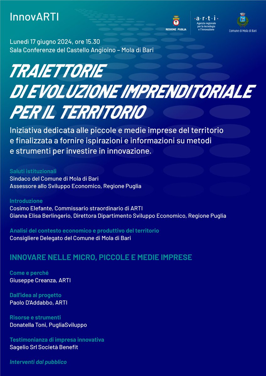 #IMPRESA Questo pomeriggio a Mola di Bari, l‘incontro che si rivolge alle piccole e medie imprese locali con l’obiettivo di fornire informazioni su opportunità e strumenti per investire in #innovazione arti.puglia.it/eventi/traiett… #mpmi #pmi #startup #territorio