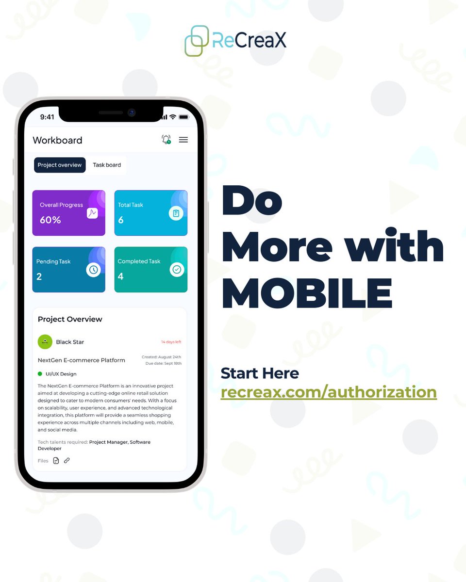 ReCreaX_'s tweet photo. 🎉 ReCreaX goes mobile! 📱🔍

Browse projects, apply easily &amp; manage tasks on the go! 
Accessible anywhere, anytime. 

Click the link to get started:  https://t.co/t2LPV6UVi0

#ReCreaX #mobileoptimized #careergrowth #techskills #careerdevelopment https://t.co/0sS4h9PIt9