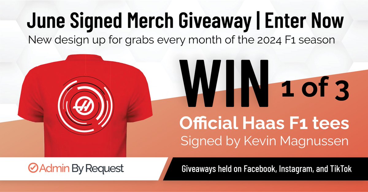 AdminByRequest's tweet image. Our June Merch Giveaway is in full swing and we're giving you a chance to win 1 of 3 bold red Haas tees signed by @KevinMagnussen himself!

To enter, click on the links below and follow the instructions in each post:
linktr.ee/adminbyrequest

#Giveaway #SignedMerch #AdminByRequest