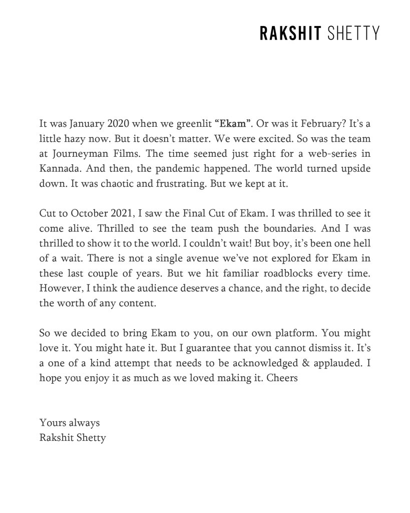 rakshitshetty's tweet image. Presenting #EKAM – with love, from us to you! 🤗

Join the waitlist now!
🔗 ekamtheseries.com 

@ParamvahStudios @teamjourneyman #SumanthBhat @sandeep_ps5 @AaronMac05 @prakashraaj @RajbShettyOMK @ShineShetty_ @worldofekam @definestudio_