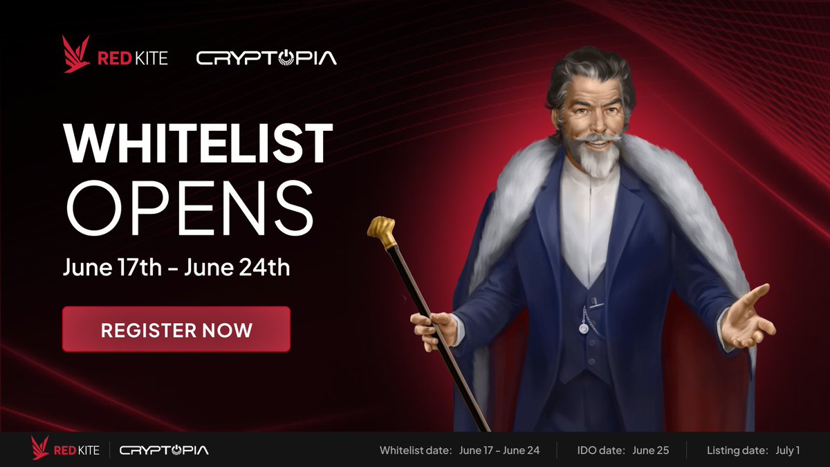 🎉 Exciting Whitelist Opening for Cryptopia IDO! 🎉
 
We are thrilled to announce the opening of the whitelist for the <a href="/CryptopiaOFCL/">Cryptopia</a> IDO!

📅 Key Dates:
- Whitelist Opens: June 17 
- Whitelist Closes: June 24
- IDO Launch: June 25

👉 Join the IDO: 
🌐 IDO Pool: