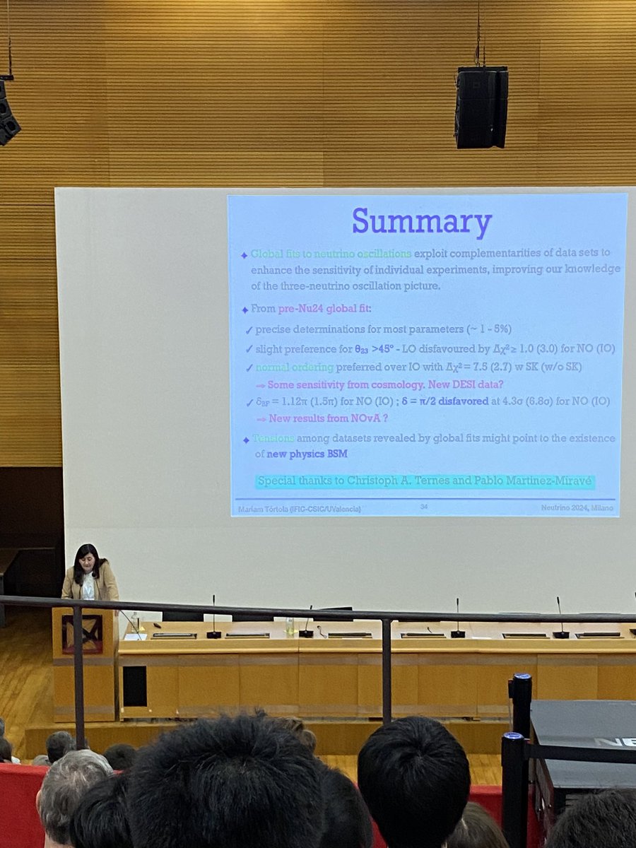 We’re convinced <a href="/MariamTortola/">Mariam Tórtola</a> 😉 Great talk on the arduous task of combining all neutrino data for global fits! #Neutrino2024