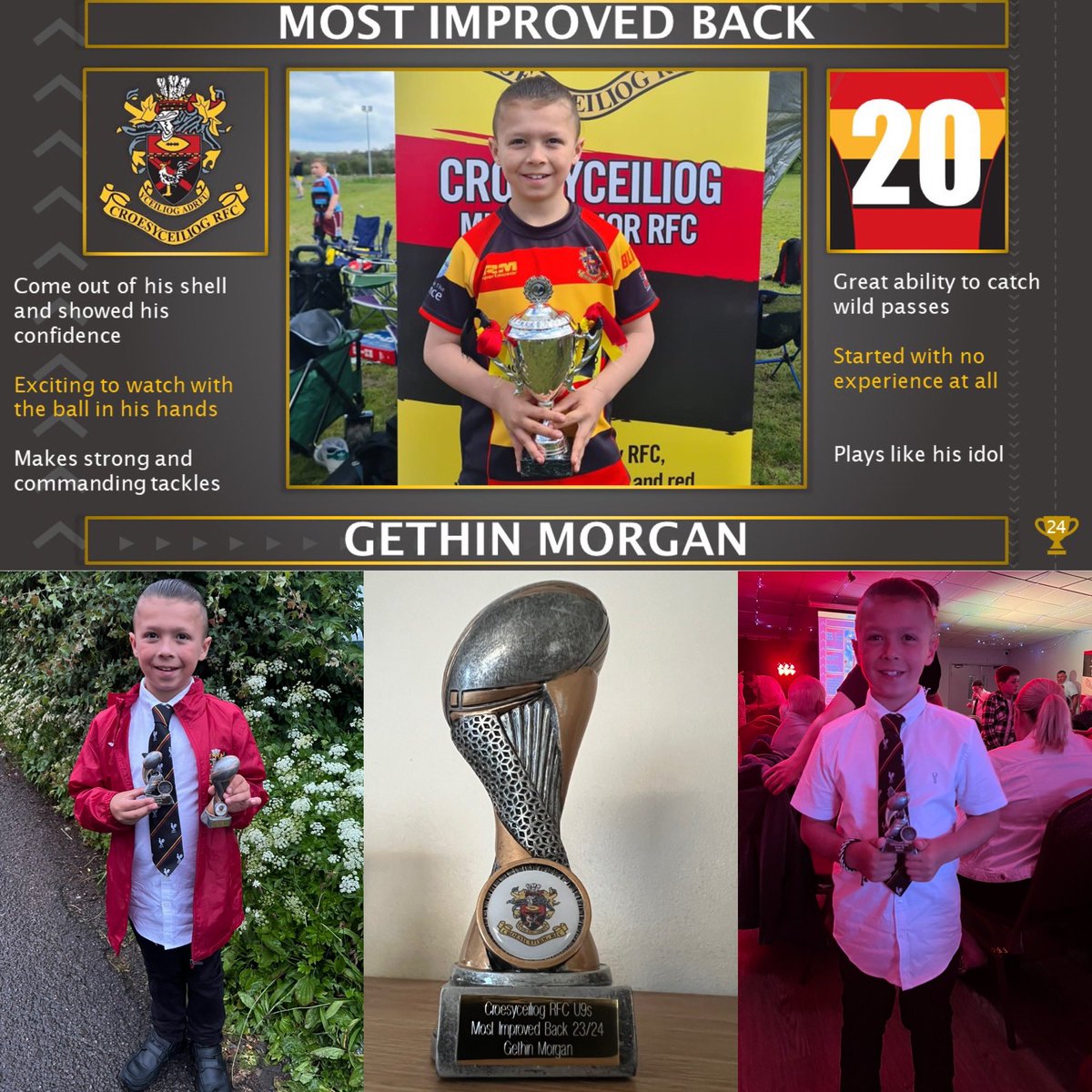 emorges's tweet image. We are so proud of Gethin being awarded most improved back at his rugby presentation on Friday in his first year of rugby 🏉🏆 Especially after not playing for 8 weeks due to his fractured collarbone 🥰 #dosbWaldoWilliams @YGCwmbran