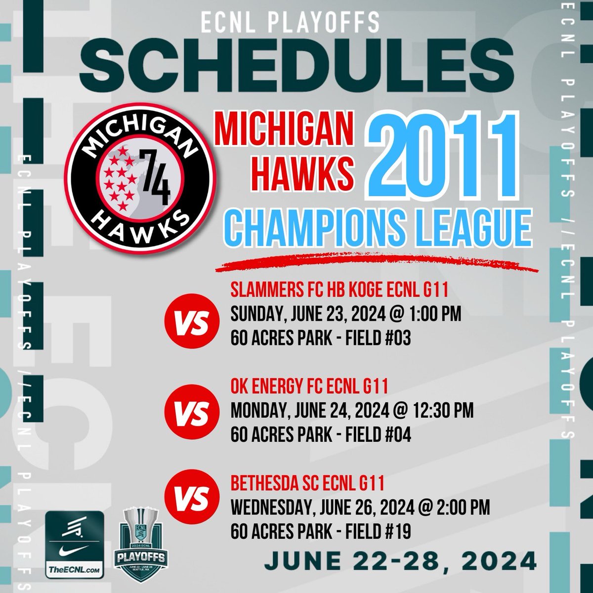 ✈️ We have 8 teams headed to Seattle to battle it out at ECNL Playoffs! Let's go Hawks! 🏆💪 #dreambig #ECNLPlayoffs #GoHawks 🌟🎉