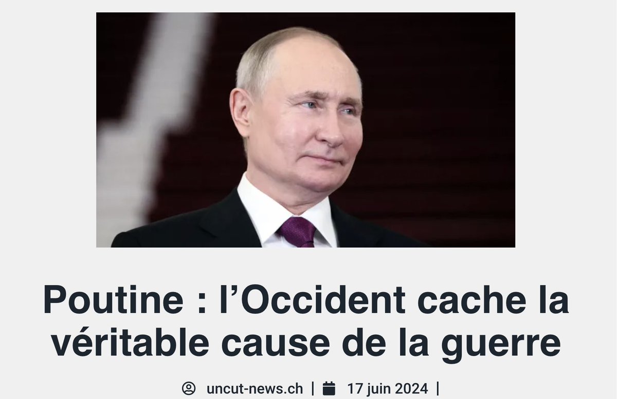 Poutine a résumé la situation de la guerre en Ukraine. Il n'y a rien de ce qu'il dit qui n'est pas vérifiable, alors pourquoi les médias cachent-ils cela ? il dit :

"Le discours dominant en Occident est que la Russie a déclenché la guerre avec son opération militaire spéciale et