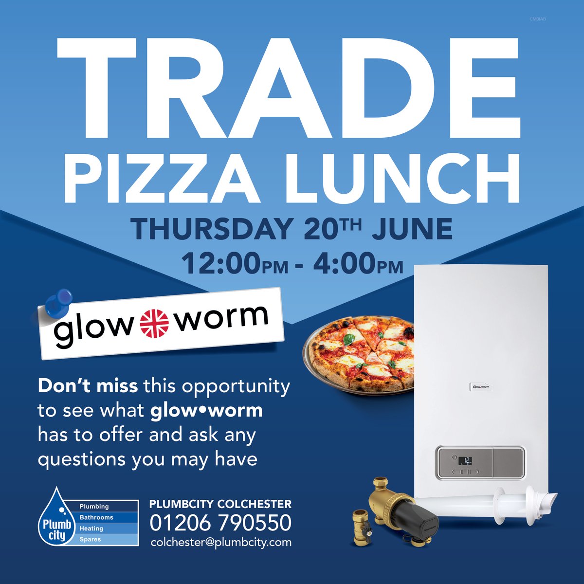 Plumbcity's tweet photo. Visit @Plumbcity Colchester on Thursday 20th June between 12:00pm - 4:00pm for their 🍕Trade Pizza Lunch 🍕 with @Glow-worm and find out the latest news and information.

Are you missing out? 

#PlumbcityColchester #Boilers #heatingsolutions #plumbers #plumbersmerchants https://t.co/Zem613RIex