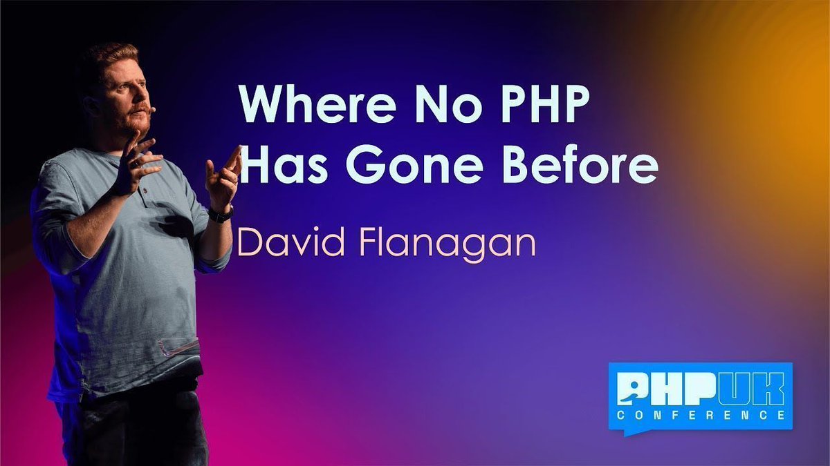PHPUKConference's tweet image. Enjoy David Flanagan&apos;s (@rawkode) talk from #phpuk24 

&quot;Where No PHP Has Gone Before&quot; explores practical examples which showcase PHP&apos;s versatility and ability to adapt to the dynamic landscape of modern development. #php #phpc 

Watch now: buff.ly/3WrxHOZ