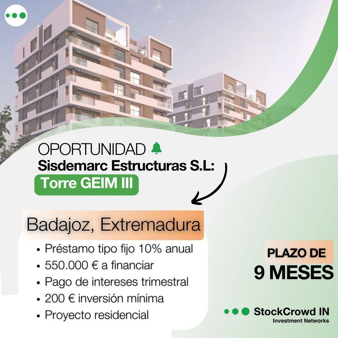 ⚡Mañana abriremos oportunidad de Sisdemarc Estructuras S.L⚡
La promoción consiste en la construcción de un edificio de 52 viviendas ubicadas en Badajoz, Extremadura.

Fecha: 18 de junio.

ℹ️ Para más información: buff.ly/3WIi9pW
#Crowdlending #financiaciónparticipativa