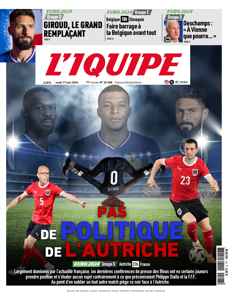 Voici la une du journal L'Iquipe du lundi 17 juin : 

- #AUTFRA : La tête à l'Autriche ?
- #Giroud : L'Euro assis
- #BELSLO : La fête des voisins

#EURo2024 #EquipeDeFrance #France #EDF #GDF #LegislativesAnticipées