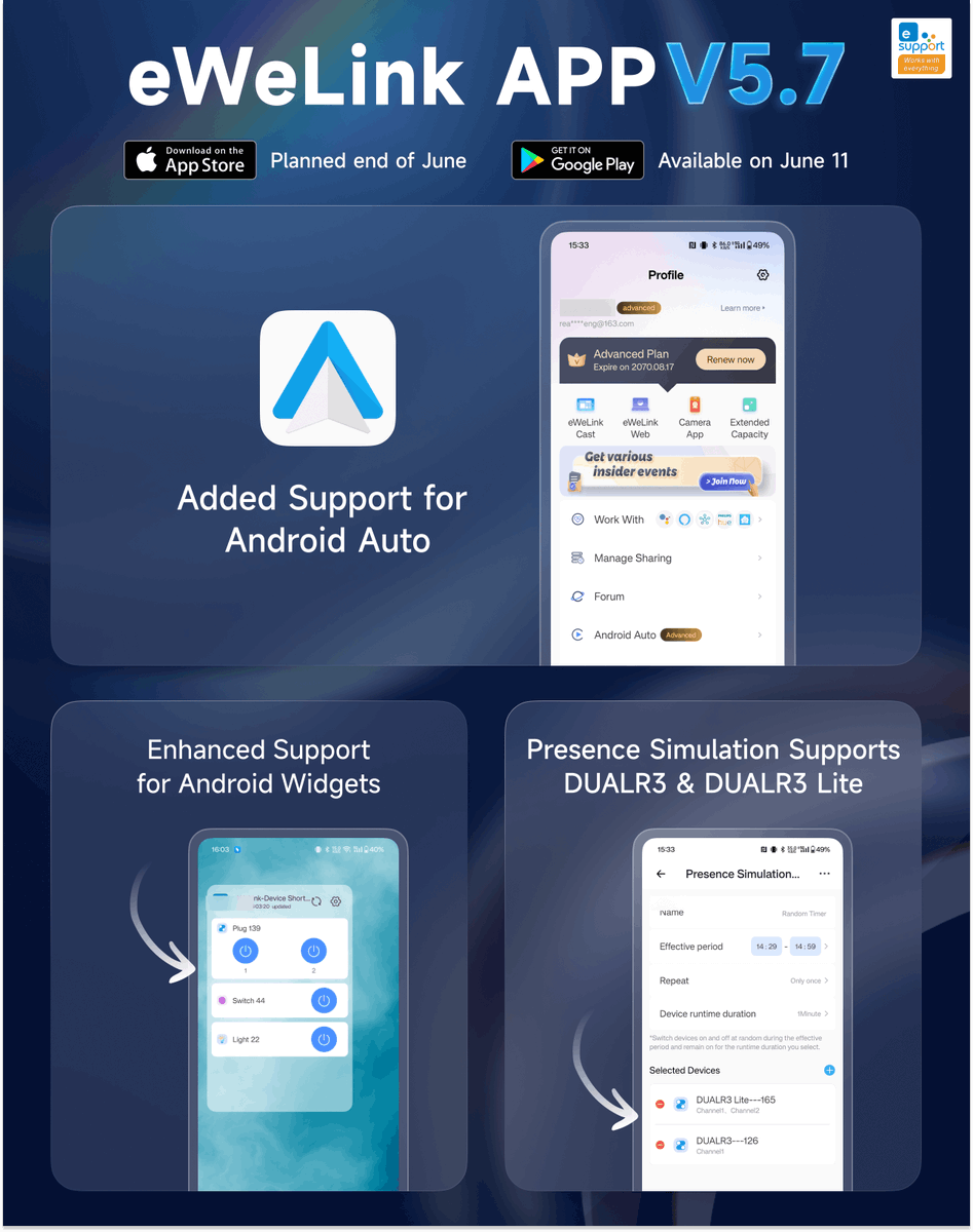 eWeLinkapp's tweet photo. Upgrade your smart home experience with the latest eWeLink App V5.7! 🚀
1️⃣Added Support for Android Auto
2️⃣Enhanced Support for Android Widgets
3️⃣Presence Simulation Now Supports DUALR3 and DUALR3 Lite.
Details: https://t.co/7IEmPzCDS2 https://t.co/pEfyUlMvIG