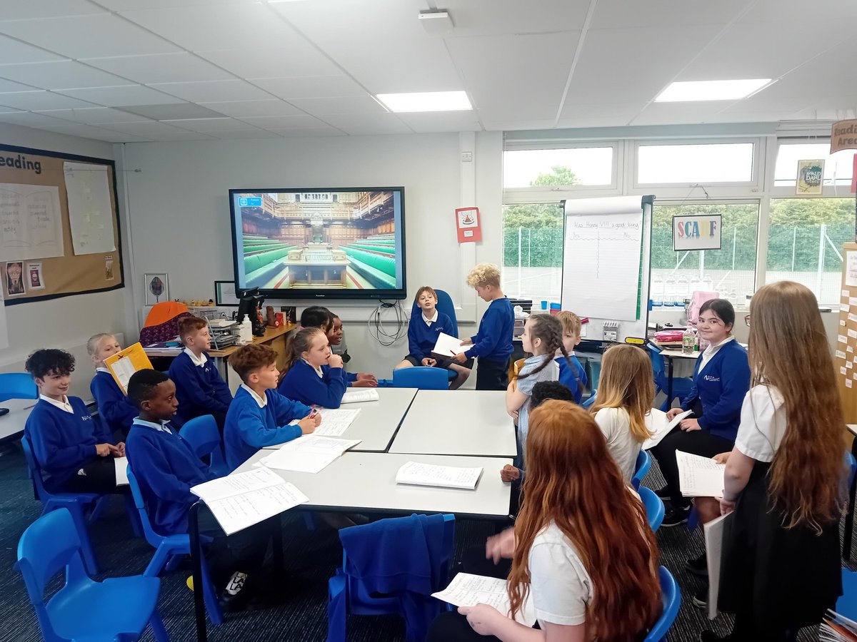 RyecroftAcad's tweet photo. Year 5 are practicing the debating skills they leant at @UKParliament last week. 
Was King Henry VIII a good king? 
Aye - 12
No - 9
The Speaker did a good job of keeping order too!
#orderorder
@UKParlEducation https://t.co/0Rq5JPXXUQ