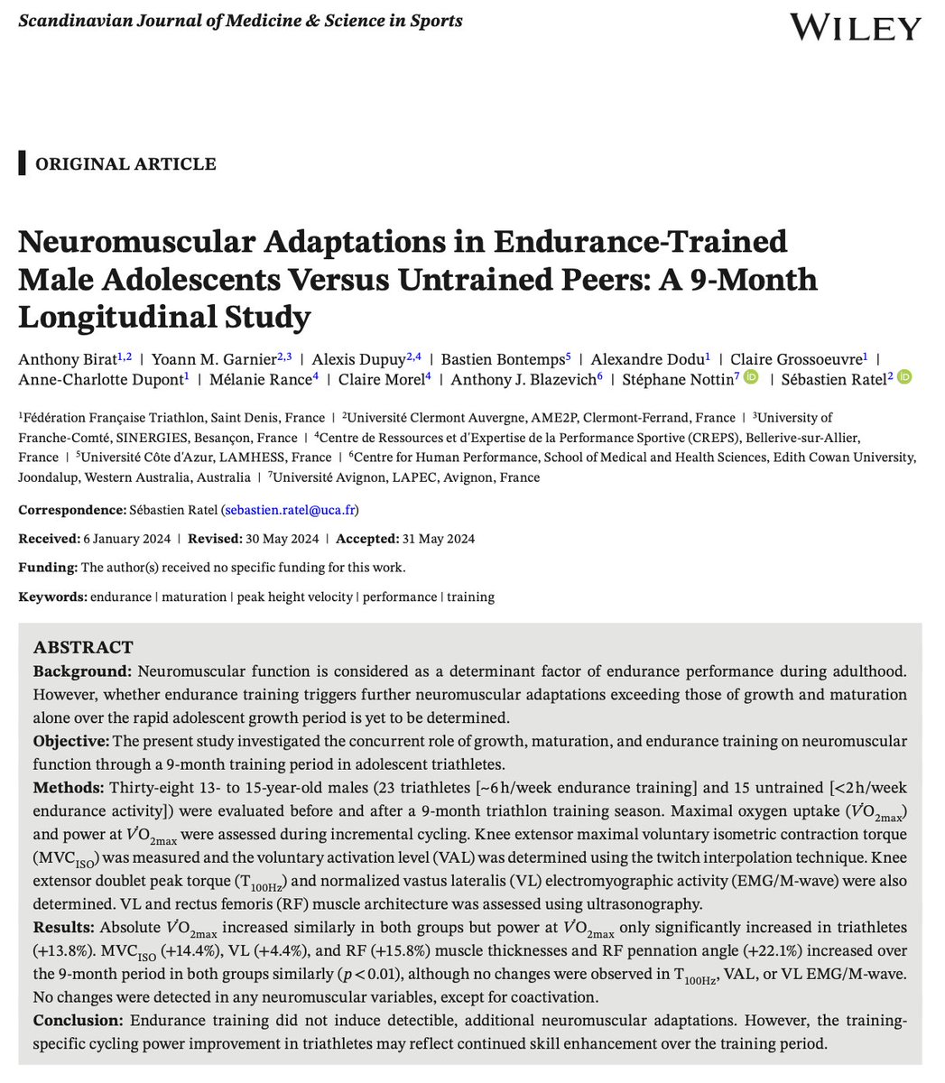 🆕 Neuromuscular Adaptations in Endurance-Trained Male Adolescents Versus Untrained Peers: A 9-Month Longitudinal Study

<a href="/FFTRI/">FFTRI - Fédération Française de Triathlon</a> <a href="/UCAuvergne/">UCA</a> CREPS Vichy

🔗onlinelibrary.wiley.com/doi/10.1111/sm…
