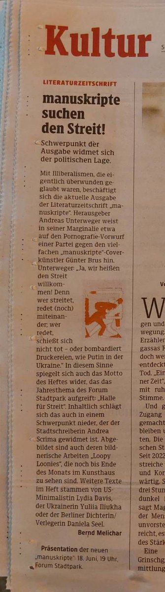 manuskripte (@manuskripte1) on Twitter photo Di, 18.06., 19 h, Präsentation der manuskripte 244 im <a href="/forumstadtpark/">FORUM STADTPARK</a> mit der Grazer Stadtschreiberin <a href="/a_scrima/">Andrea Scrima</a> u.a.m.
Mehr dazu in <a href="/kleinezeitung/">Kleine Zeitung</a> (Foto 2)
oder hier: forumstadtpark.at/de/programm/ma…
oder hier: andreasunterweger.wordpress.com/2024/06/16/man… Di, 18.06., 19 h, Präsentation der manuskripte 244 im <a href="/forumstadtpark/">FORUM STADTPARK</a> mit der Grazer Stadtschreiberin <a href="/a_scrima/">Andrea Scrima</a> u.a.m.
Mehr dazu in <a href="/kleinezeitung/">Kleine Zeitung</a> (Foto 2)
oder hier: forumstadtpark.at/de/programm/ma…
oder hier: andreasunterweger.wordpress.com/2024/06/16/man…