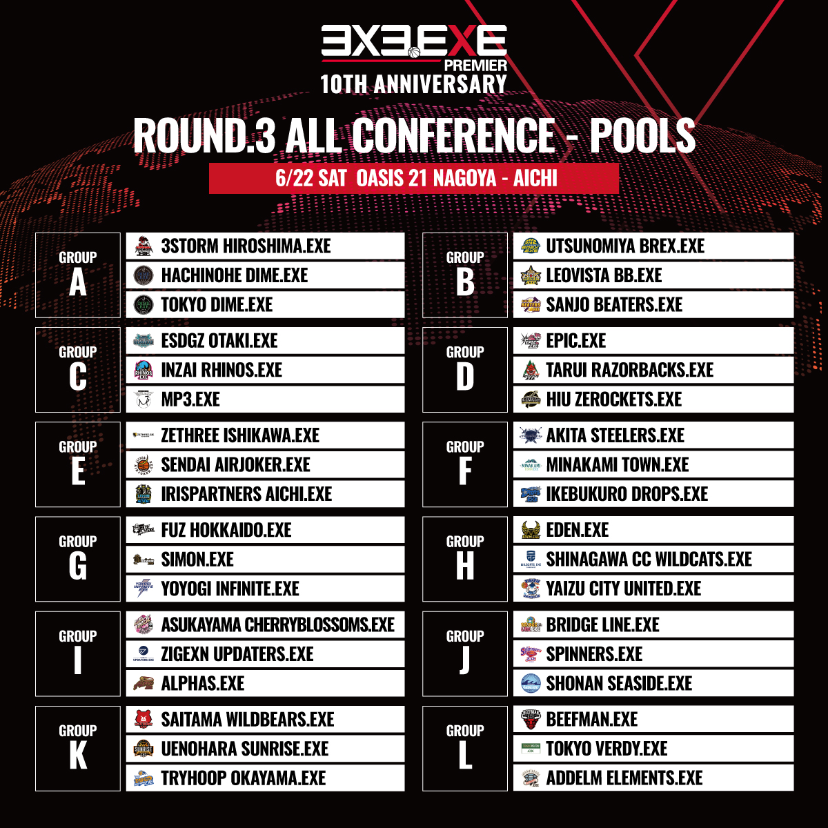 3x3league's tweet photo. 【6/22-23は名古屋へ！】
日本の男子全36チームが集うALL CONFERENCEを開催🔥
2日間で、前半戦のリーグ王者を決める争いが、間もなく始まります！
そして23(日)は、女子のROUND.2もオアシスで同時開催👏
日本の全42チームが集う2日間、お見逃しなく⚡

>>>
今回のキービジュアルは、AmazonのTシャツの売上ランキング・得点ランキングから選出しております！AmazonのTシャツを買って、推し選手を応援しよう♬

📅TIME TABLE
【MEN】
DAY.1：https://t.co/SGaEtUvs9x
DAY.2：https://t.co/EJplBxwKab
【WOMEN】
ROUND.2：https://t.co/zBuYuO3yh0

#3x3EXE #3x3basketball #オアシス２１ #FIBA3x3 #3x3 #ROUND4 #ROUND2 #ALLCONFERENCE #女子3x3 #女子バスケ
