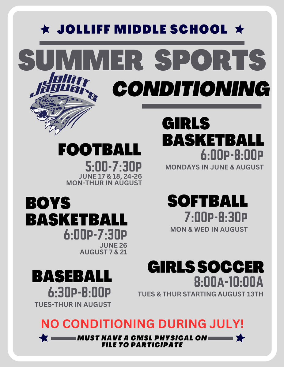 JolliffMiddle's tweet photo. Summer Sports Conditioning Schedule!

Get ready to train hard and stay in shape this summer! Remember, you must have a CMSL sports physical on file to participate. 

Coaches are available for any questions—find their contact info on our website.

#JaguarSports #SummerConditioning https://t.co/6q2f1aT7KY