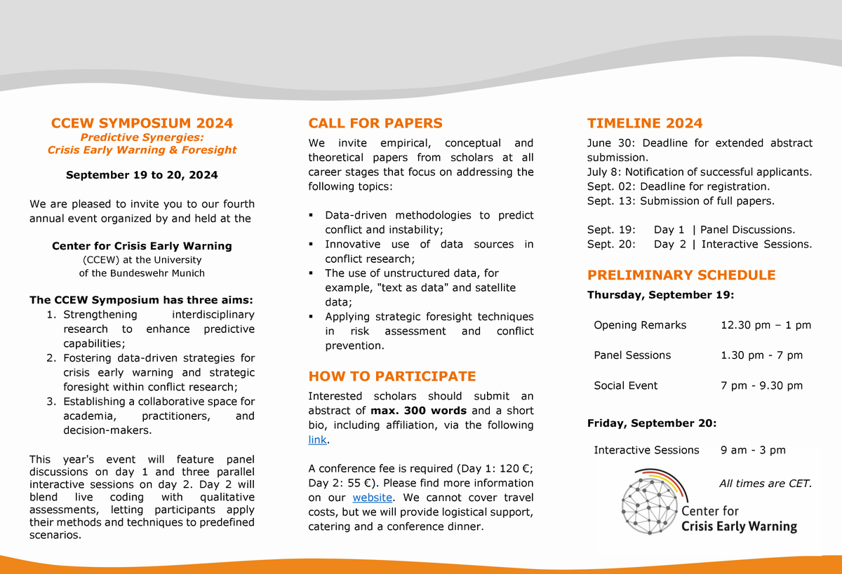 Vanessa Gottwick (@vgottwick) on Twitter photo 📢 Call for Papers | CCEW Symposium 2024📢
Join us on September 19-20, 2024, for the 4th annual event organized by the Center for Crisis Early Warning. <a href="/CarloMasala1/">Carlo "Realism, Gedankenfetzen and Rants" Masala</a> <a href="/unibw_m/">UniBw M</a> <a href="/cissmunich/">Center for Intelligence and Security Studies</a>
🚨New Deadline: 30.06.2024
📋Submission via conftool.org/ccewsymposium2… 📢 Call for Papers | CCEW Symposium 2024📢
Join us on September 19-20, 2024, for the 4th annual event organized by the Center for Crisis Early Warning. <a href="/CarloMasala1/">Carlo "Realism, Gedankenfetzen and Rants" Masala</a> <a href="/unibw_m/">UniBw M</a> <a href="/cissmunich/">Center for Intelligence and Security Studies</a>
🚨New Deadline: 30.06.2024
📋Submission via conftool.org/ccewsymposium2…