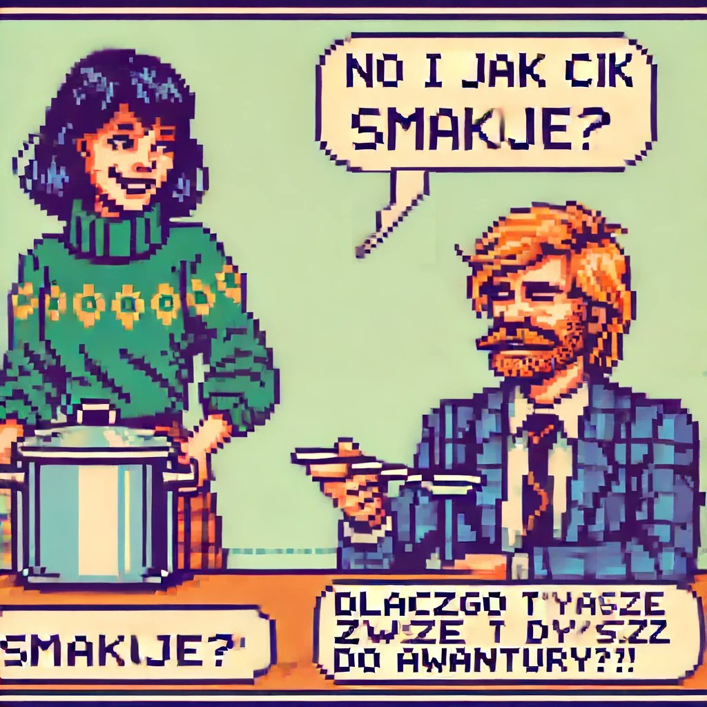 GregRalphQ's tweet photo. #PixelArt #ComicHumor When a simple dinner question turns into a debate! 😂🍽️ 'No i jak ci smakuje?' 'Dlaczego ty zawsze dążysz do awantury?!' #Funny #RelationshipHumor #RetroStyle https://t.co/ZpCmWPUmAm
