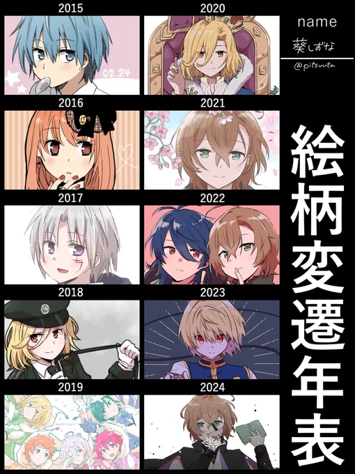 絵柄変遷の素敵なテンプレをお借りしました!
絵柄はこれ以前の子どもの頃からずっとこういうテイストなんですけど、絵……上手くなってるかな…… 