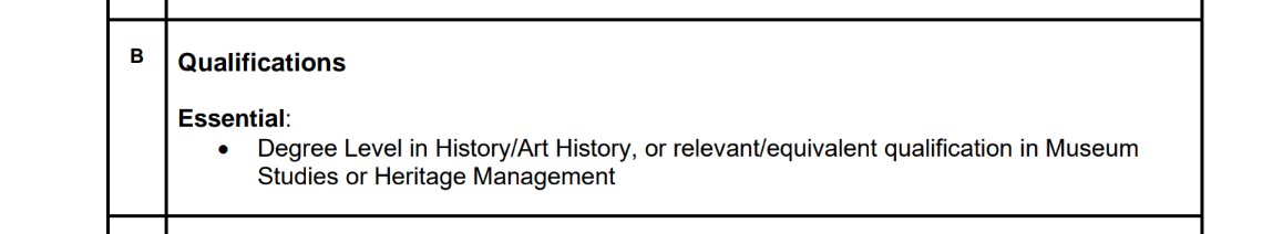 Fair Museum Jobs (@fair_jobs) on Twitter photo Hi <a href="/LeightonHouse_/">Leighton House and Sambourne House</a> <a href="/RBKC/">Royal Borough of Kensington and Chelsea</a>, your Registrar and Documentation Officer roles both have these *essential* requirements.
You don't *need* these qualification to do either of these roles.
Why are you excluding candidates who could be perfect in these jobs, but don't have degrees? Hi <a href="/LeightonHouse_/">Leighton House and Sambourne House</a> <a href="/RBKC/">Royal Borough of Kensington and Chelsea</a>, your Registrar and Documentation Officer roles both have these *essential* requirements.
You don't *need* these qualification to do either of these roles.
Why are you excluding candidates who could be perfect in these jobs, but don't have degrees?