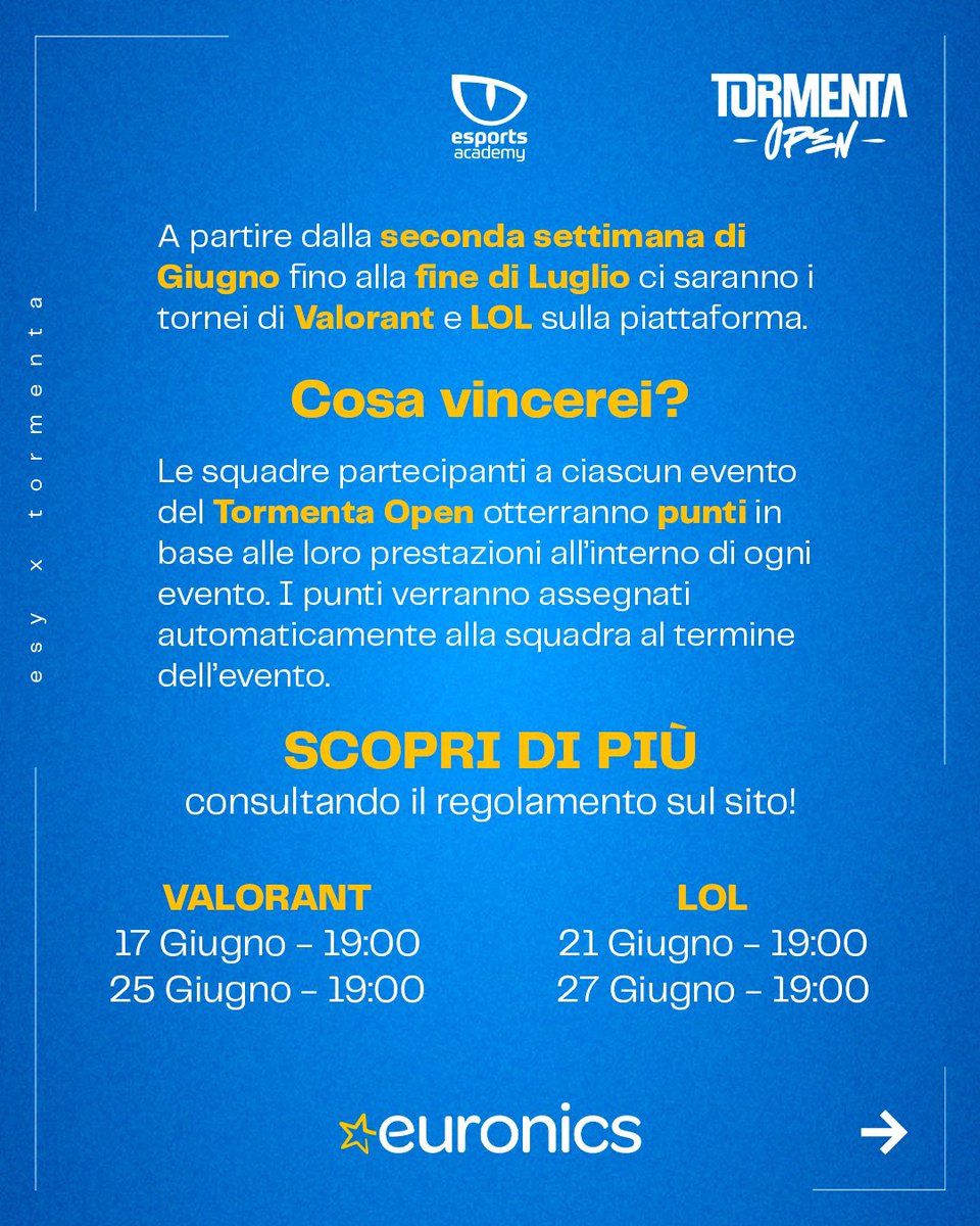 Esports Academy (@esy_2017) on Twitter photo Iniziano oggi i tornei di Valorant TORMENTA SUMMER SLIP su Esports Academy
👉Iscriviti adesso: tornei.esportsacademy.it/tornei-iscrizi…
<a href="/itVALORANT/">VALORANT - Italia</a> <a href="/TormentaVALes/">Circuito Tormenta | VALORANT</a> Iniziano oggi i tornei di Valorant TORMENTA SUMMER SLIP su Esports Academy
👉Iscriviti adesso: tornei.esportsacademy.it/tornei-iscrizi…
<a href="/itVALORANT/">VALORANT - Italia</a> <a href="/TormentaVALes/">Circuito Tormenta | VALORANT</a>
