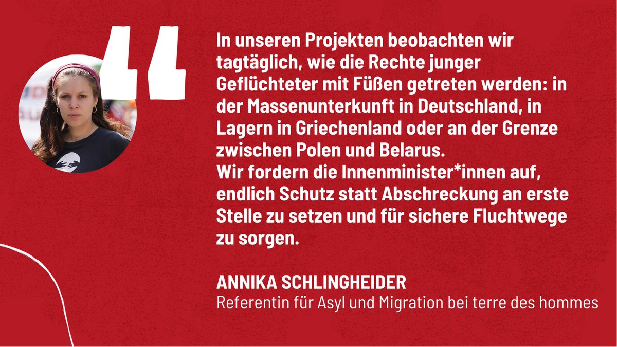 Am 20.6. ist Innenminister*innenkonferenz. Wir fordern gemeinsam mit <a href="/jogspace/">JoG</a>, <a href="/ProAsyl/">PRO ASYL</a>, @FLR_Brandenburg uvm.: Geflüchtete Menschen brauchen Schutz – keine rassistische Hetze! PM: tdh.de/public-relatio…