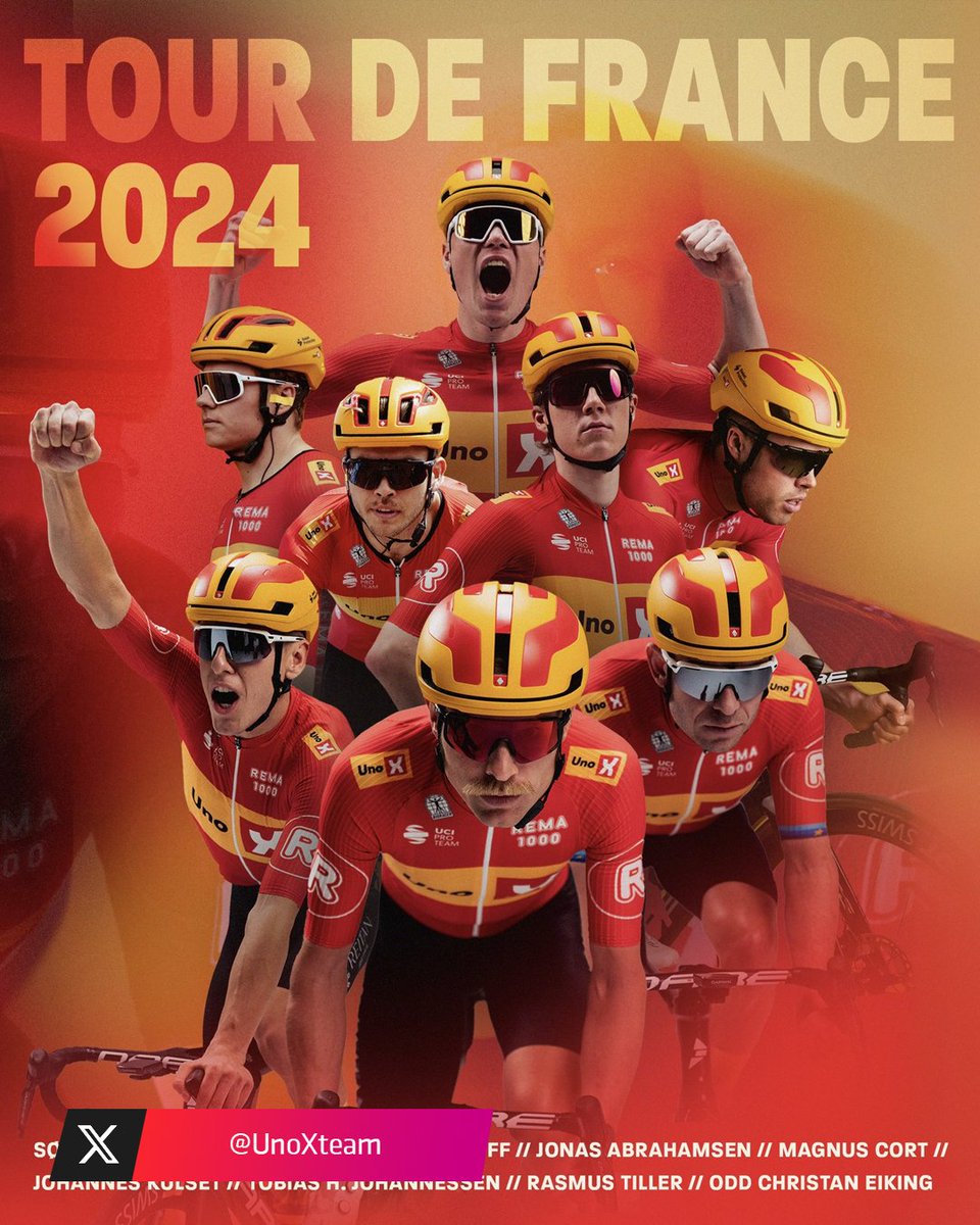 ESPNCiclismo's tweet photo. ¡Arrancan las nóminas oficiales para el #TDF2024! 👀

Así formará el #UnoX: Magnus #CortNielsen, Alejander #Kristoff, Tobias Halland #Johannessen, Jonas #Abrahamsen, Søren #Wærenskjöld, Johannes #Kulset, Odd Christian #Eiking y Rasmus #Tiller. https://t.co/otcGveZJbj