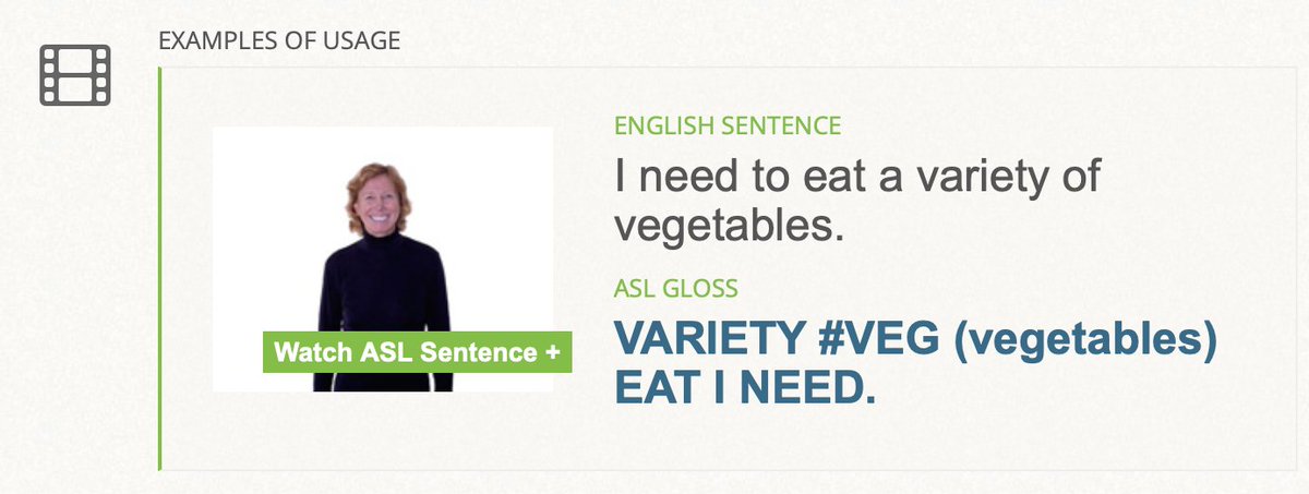 Today’s example #ASL gloss is an example of using the sign of the day (VEGETABLE) in context. See it signed at signingsavvy.com/sotd

English Sentence: I need to eat a variety of vegetables.
ASL Gloss: VARIETY #VEG (vegetables) EAT I NEED.