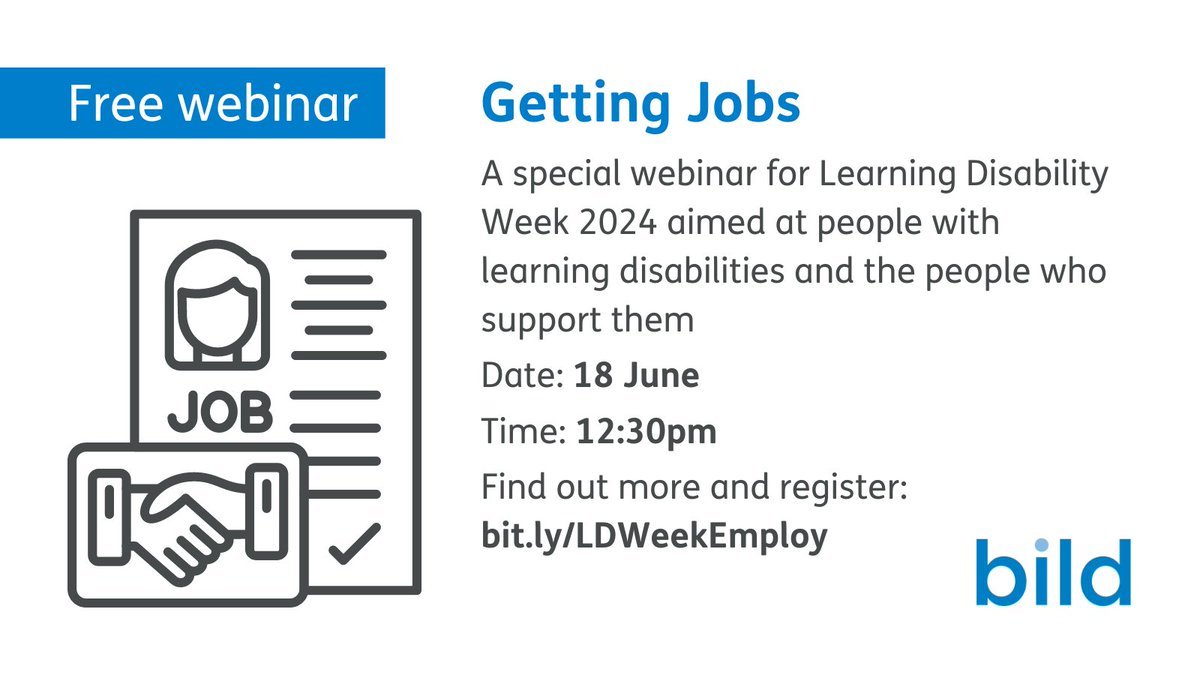 Bild are hosting a special webinar for #LDWeek24 tomorrow

If you have a learning disability and you are interested in getting jobs, you can register to join us for this one hour lunchtime webinar here: bit.ly/LDWeekEmploy

#HealthInequalities
