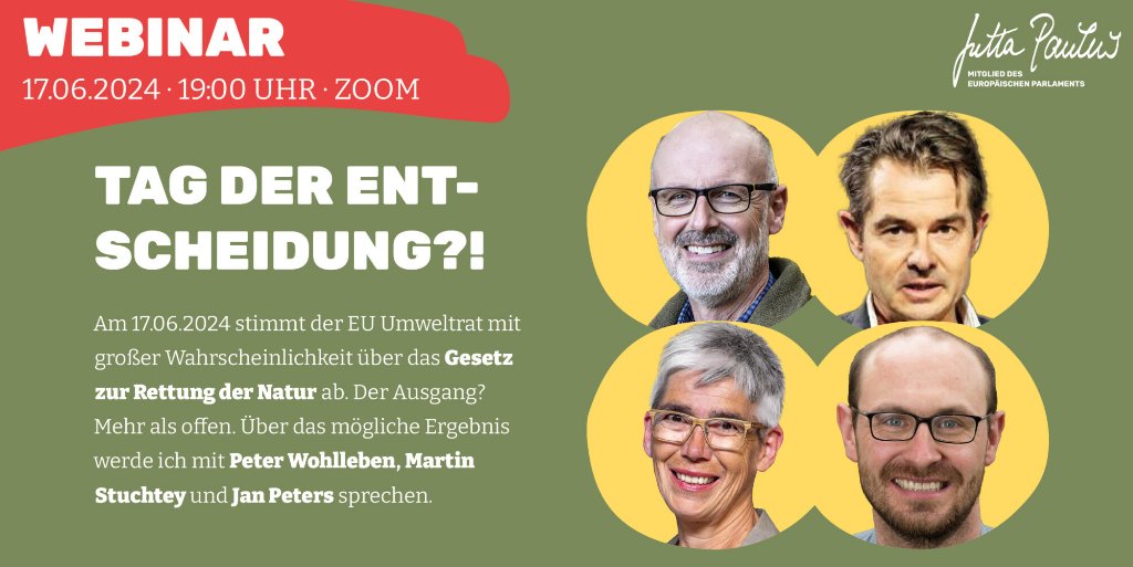 Das #NatureRestorationLaw ist angenommen!

Was bedeutet das jetzt? 
Für den Wald 🌳, für die Moore 🏞️, für die Wirtschaft ⚙️?
Das diskutiere ich heute 17.6. 19 h mit <a href="/PeterWohlleben/">Peter Wohlleben</a>, Jan Peters von <a href="/greifswaldmoor/">GreifswaldMireCentre</a> + <a href="/MRStuchtey/">Martin R. Stuchtey</a> Gründer SystemiQ
Kommt dazu!
jutta-paulus.de/event/gesetz-z…
