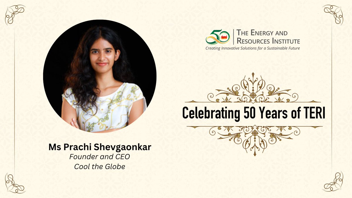 TERI (@teriin) on Twitter photo We are pleased to have Ms <a href="/PrachiShe/">Prachi Shevgaonkar</a>, Founder and CEO, <a href="/cool_the_globe/">Cool The Globe</a>, at TERI's Golden Jubilee Celebrations.
#TERIat50 #GoldenJubileeCelebrations #50yearsofTERI We are pleased to have Ms <a href="/PrachiShe/">Prachi Shevgaonkar</a>, Founder and CEO, <a href="/cool_the_globe/">Cool The Globe</a>, at TERI's Golden Jubilee Celebrations.
#TERIat50 #GoldenJubileeCelebrations #50yearsofTERI