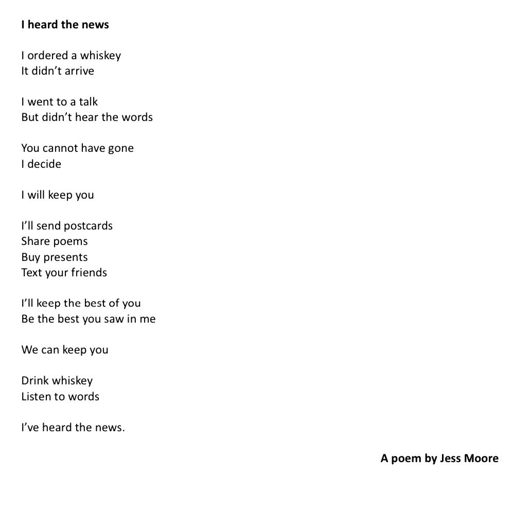 JessMooreTweets's tweet image. I don’t have a photo of us. I have the sound of her laugh in my head. The length of the pause while she lit another cigarette. Half a tub of gelato she sent when I fell over. How fiercely she loved every word I wrote. I have that. Miss you, Mate. This one’s for you... @agnesfrim
