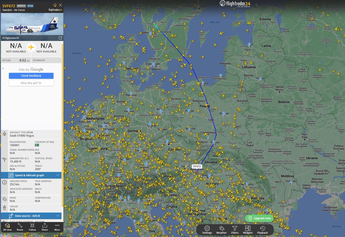 knutolst's tweet photo. Busy day for Swedish Air Force @flygvapnet ISR.
SVF680 #Korpen flying SIGINT along FIN-RU border.
Both #S100D AEW&C also airborne. SVF672 enroute to Papa, presumably in prep for eastern flank NATO ops. C603 operating in Baltic - either scramble or in support of BALTOPS. https://t.co/DWu6n416yi