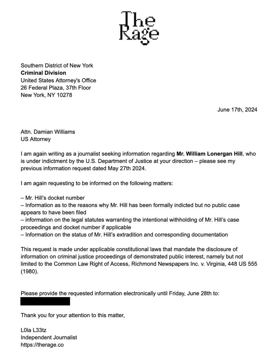 L0laL33tz's tweet photo. Good Morning, it's been almost 2 months since the @SamouraiWallet arrests and there is still no sign of @SamouraiDev in the justice system.
I want to know why there is no public case filed against TDev (cross-referencing United States v. Ver whom the US is also seeking to extradite), so I sent the SDNY and PJ some more questions.