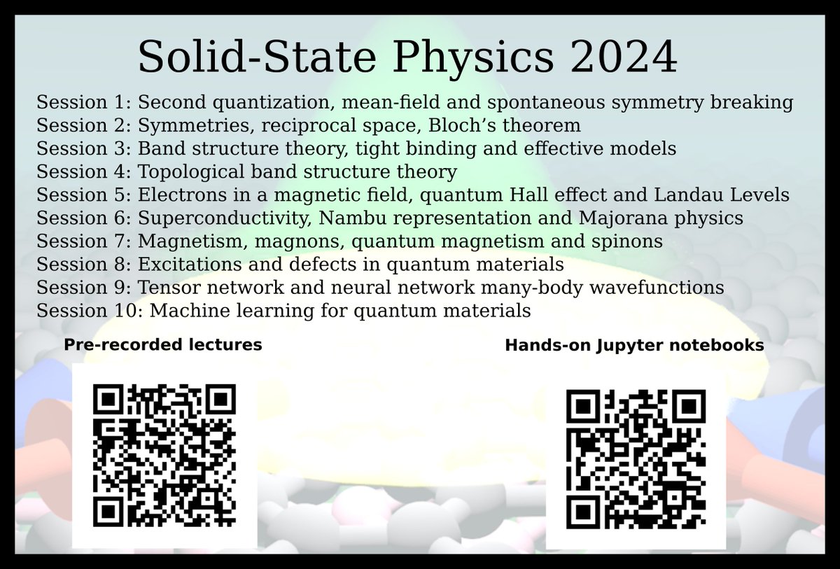 The pre-recorded lectures (youtube.com/playlist?list=…) and interactive Jupyter notebooks (github.com/joselado/Solid…) of the Solid State Physics course at Aalto in 2024 are available online. Among others, topological matter, superconductivity, quantum magnetism, and fractional matter.