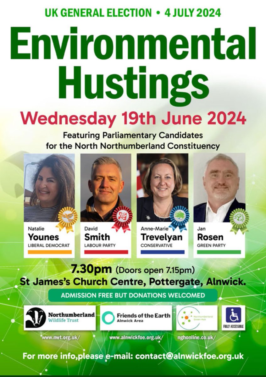 We’re delighted that independent Georgina Hill will now be joining 4 other candidates for the North #Northumberland constituency at our environmental hustings. Venue: St. James's Church Centre, Pottergate, #Alnwick, NE66 1JW. Opens 7.15pm for a 7.30pm start. Admission free.