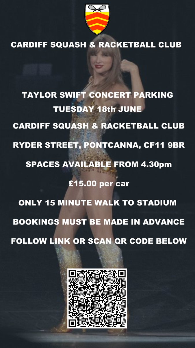 Taylor Swift Concert Parking available at Cardiff Squash Club Book here cardiffsrc.com/events-calenda… #taylorswift #taylorswiftcardiff #taylorswiftconcertparkingcardiff