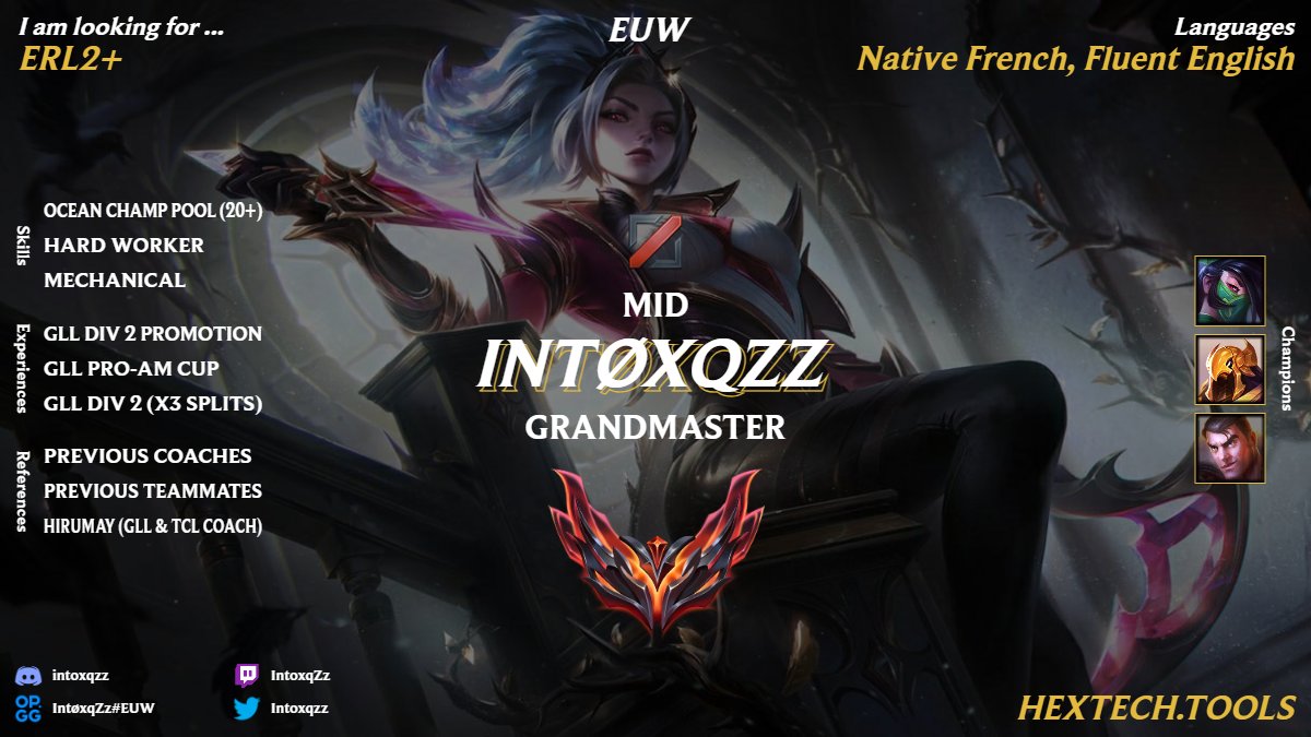 I decided to leave <a href="/APM_New_Era/">Actions Per Minute</a> for several reasons.
As a result, I'm LFT to any team looking to improve their roster for the upcoming playoffs and/or P/R in any region. 
I have a massive champ pool and am highly motivated and hard-working! 
VODs on request
(PS : I got greek LTR)