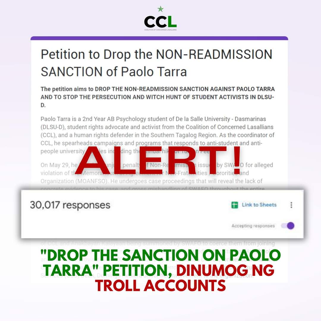 CCLasallians's tweet photo. ππππ₯π§: "DROP THE SANCTION ON PAOLO TARRA" PETITION, DINUMOG NG TROLL ACCOUNTS
#DefendPaoloTarra
#ReviewDLSUDStudentHandbook
#JunkMOANFSO https://t.co/wApDWxxbo9