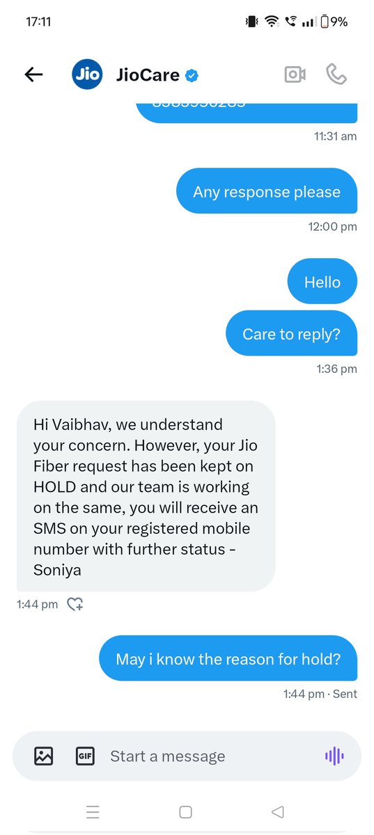 vaibhav210992's tweet photo. Such a pathetic response @JioCare you are not even bothered to call and resolve my concern. I regret requesting your service. Please refund my money. https://t.co/8R5r8RN1js
