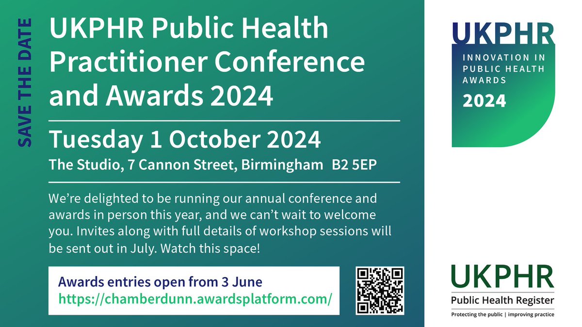 UKPHR’s Public Health Practitioner Conference and Awards 2024 will be held at the Studio in Birmingham on 1 October 2024. 

Read more here: tinyurl.com/ycfx5tzy
Nominate here: tinyurl.com/bdctbe67