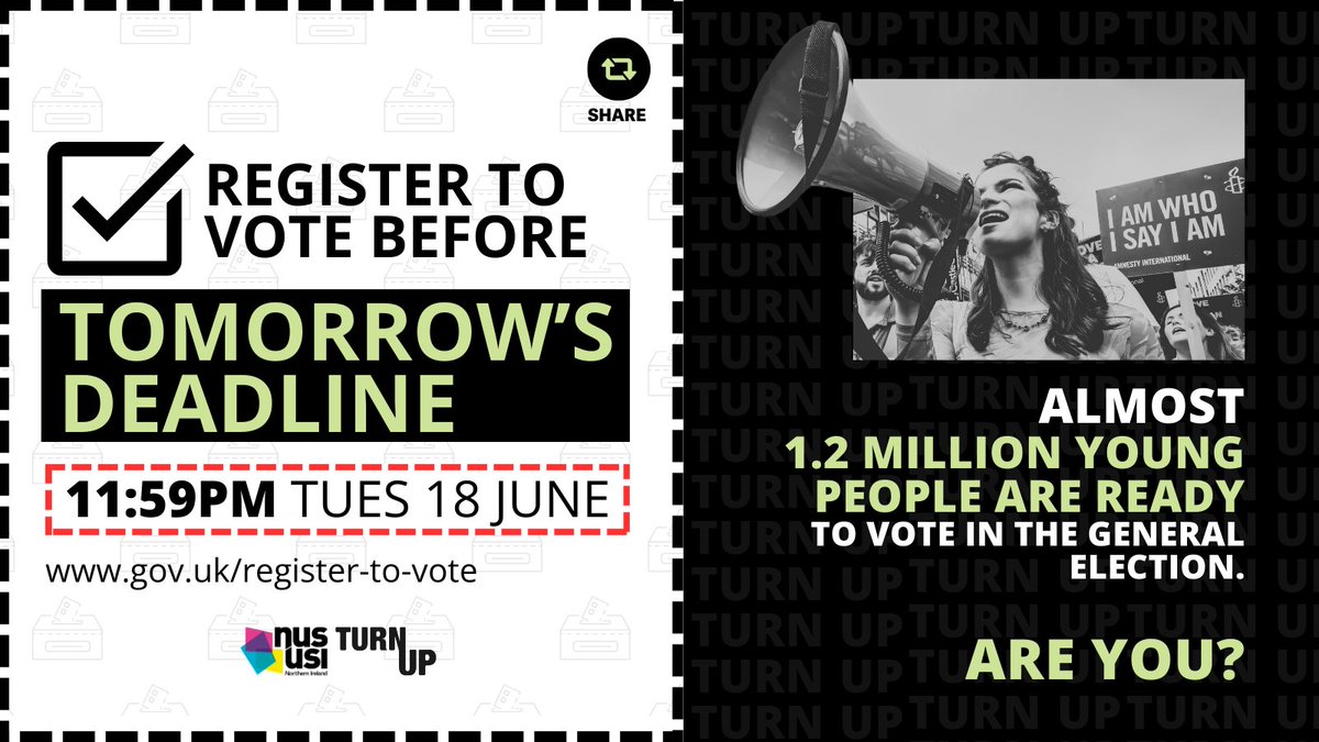 REGISTER TO VOTE ⏳ 1 DAY LEFT 🗳️
 
Almost 1.2 million young people have registered to vote since the election was called. 📈 Are you ready to #TurnUP?
 
REGISTER TODAY before it's too late! Deadline 23:59pm Tues 18 June.
 
gov.uk/register-to-vo…
 
 #GE24 #GeneralElection #Vote