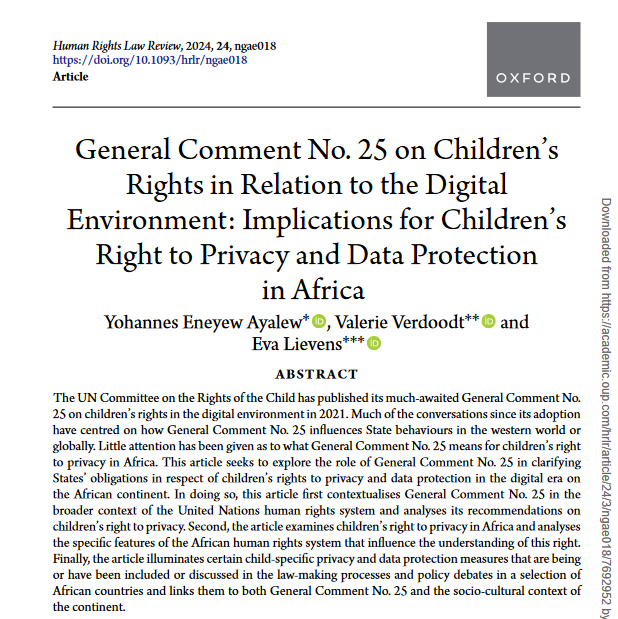 Yohannes Eneyew Ayalew (@yeayalew) on Twitter photo Much of the conversations since the adoption of <a href="/UNChildRights1/">UNChildRights</a>’s General Comment 25 have centred on how it influences States in the western world. But what about in Africa? Prof <a href="/evalieve/">Eva Lievens</a>, Dr <a href="/ValeVerdo/">Valerie Verdoodt</a> & I explore this in our new paper.🎉 shorturl.at/MJ4dP
A short 🧵1️⃣ Much of the conversations since the adoption of <a href="/UNChildRights1/">UNChildRights</a>’s General Comment 25 have centred on how it influences States in the western world. But what about in Africa? Prof <a href="/evalieve/">Eva Lievens</a>, Dr <a href="/ValeVerdo/">Valerie Verdoodt</a> & I explore this in our new paper.🎉 shorturl.at/MJ4dP
A short 🧵1️⃣