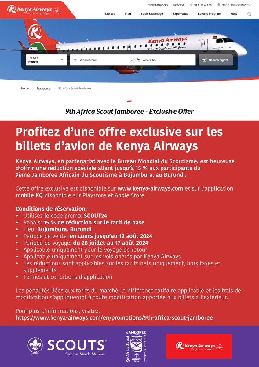 ✈️We are honored to collaborate with <a href="/KenyaAirways/">Kenya Airways</a> for the 9th Africa Scout Jamboree.  An exclusive offer that will allow you to take part in the event at a reduced price.  

✨Grab your tickets now: kenya-airways.com/en/promotions/…

#AfricaScoutJamboree
#9ASJBurundi2024