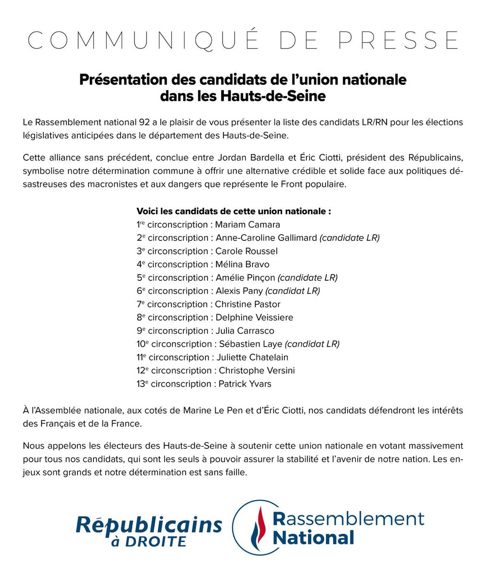 [Communiqué de presse]

🖊️ Le Rassemblement national 92 a le plaisir de vous présenter la liste des candidats LR/RN pour les élections législatives anticipées dans le département des Hauts-de-Seine. 

#BardellaPremierMinistre #UnionNationale
